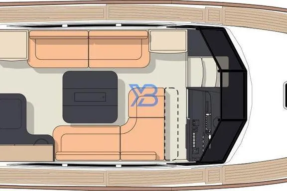 Landfall Yacht Photos Pics Top view of 2013 Greenline 33 yacht interior layout with seating and helm.