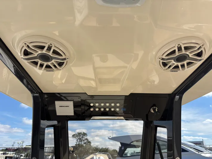  Yacht Photos Pics 2025 Scout 260 LXF boat ceiling with speakers and lighting system.