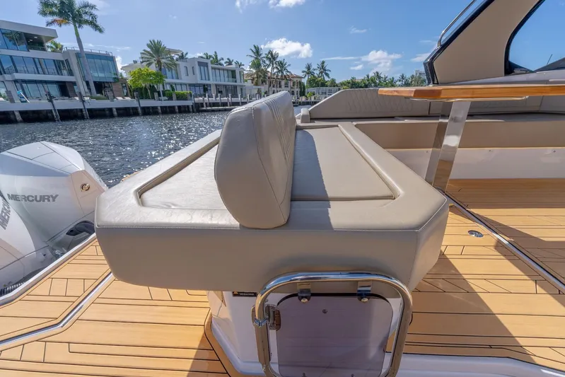 Custom Order Your 347 Today! Yacht Photos Pics Luxurious seating on Hanover 347 yacht, 2026 model, with waterfront view.