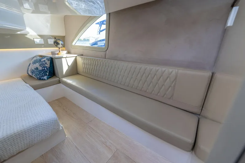Custom Order Your 347 Today! Yacht Photos Pics Luxurious interior of Hanover 347 yacht, featuring elegant seating and modern decor, 2026 model.