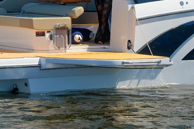 Custom Order Your 347 Today! Yacht Photos Pics Luxury Hanover 347 yacht, 2026 model, featuring sleek design and spacious deck on water.