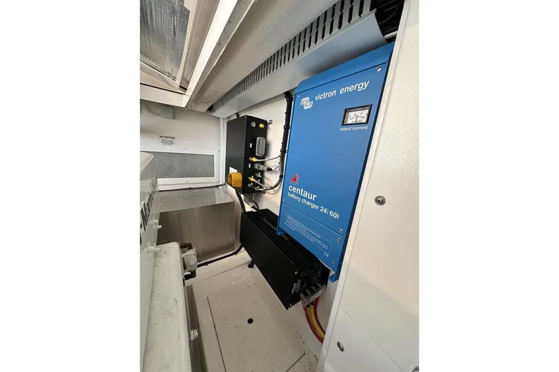 Moving Violation Yacht Photos Pics 2008 Cabo 40 engine room with Victron Energy Centaur battery charger.