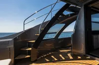 Luxury Pershing 8X yacht deck with sleek staircase, ocean view, 2020 model.