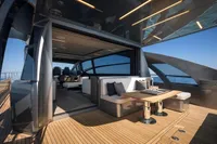 Luxurious 2020 Pershing 8X yacht interior with elegant seating and ocean view.
