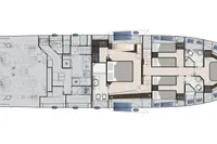 Floor plan of a 2020 Pershing 8X yacht, showcasing cabin and engine room layout.