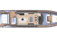 Top view layout of 2020 Pershing 8X yacht interior, featuring seating and dining areas.