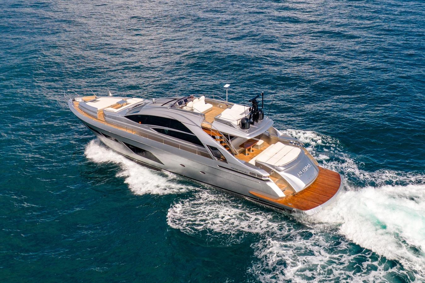 Luxurious 2020 Pershing 8X yacht cruising on open sea, showcasing sleek design and elegance.