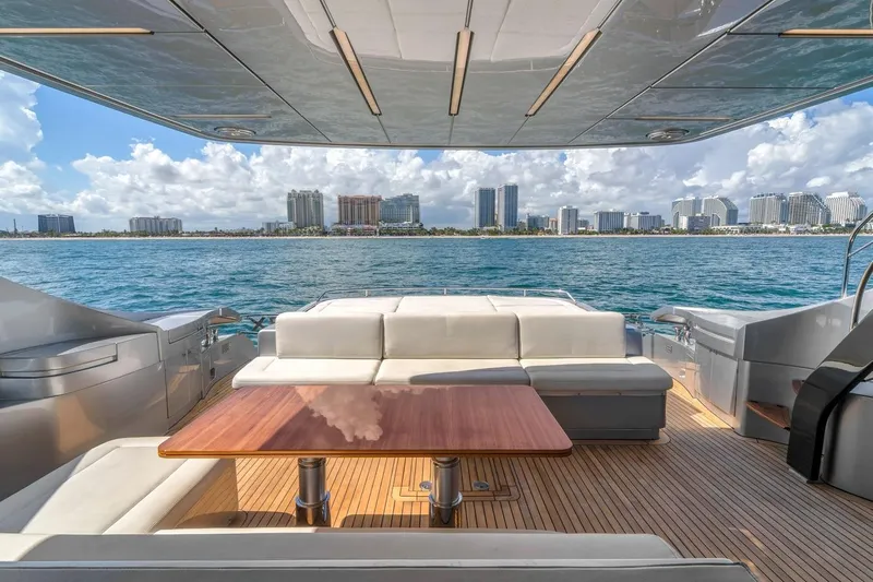 Alexandra Yacht Photos Pics Luxurious 2020 Pershing 8X yacht deck with city skyline view.