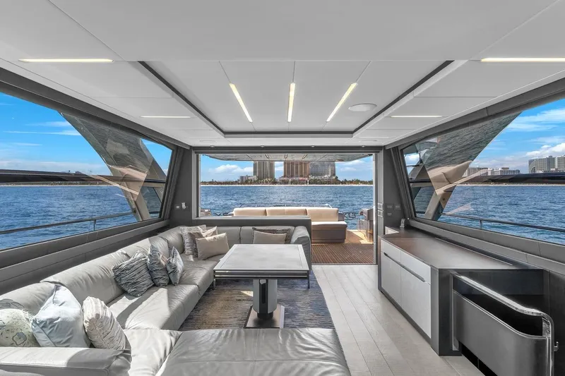 Alexandra Yacht Photos Pics Luxurious interior of 2020 Pershing 8X yacht with ocean view and modern furnishings.