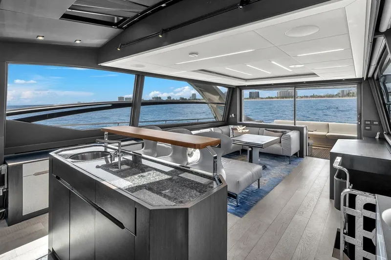 Alexandra Yacht Photos Pics Luxurious interior of 2020 Pershing 8X yacht with ocean view and modern furnishings.