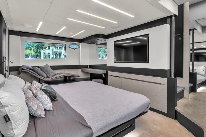 Alexandra Yacht Photos Pics Luxurious interior of 2020 Pershing 8X yacht with modern bedroom design.