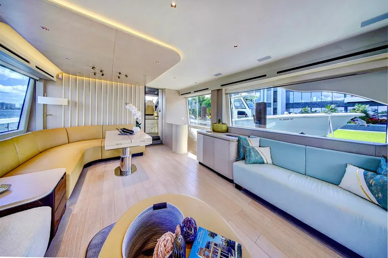 Transcendence Yacht Photos Pics Luxurious interior of 2020 Azimut 78 Flybridge yacht with elegant seating and modern design.