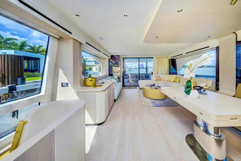 Transcendence Yacht Photos Pics Luxurious interior of 2020 Azimut 78 Flybridge yacht with modern decor and scenic views.