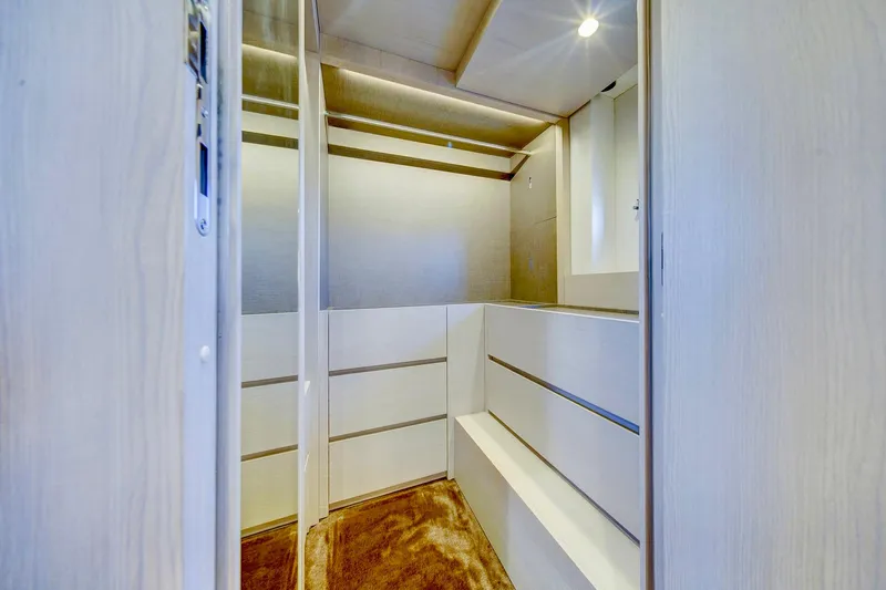 Transcendence Yacht Photos Pics Luxurious interior of 2020 Azimut 78 Flybridge yacht with modern design and lighting.