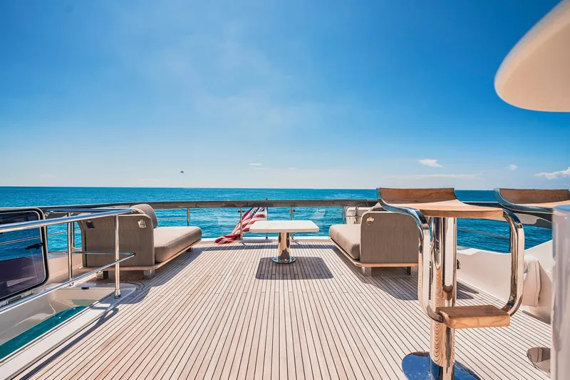 Transcendence Yacht Photos Pics Azimut 78 Flybridge 2020 yacht deck with ocean view, featuring luxurious seating and clear skies.