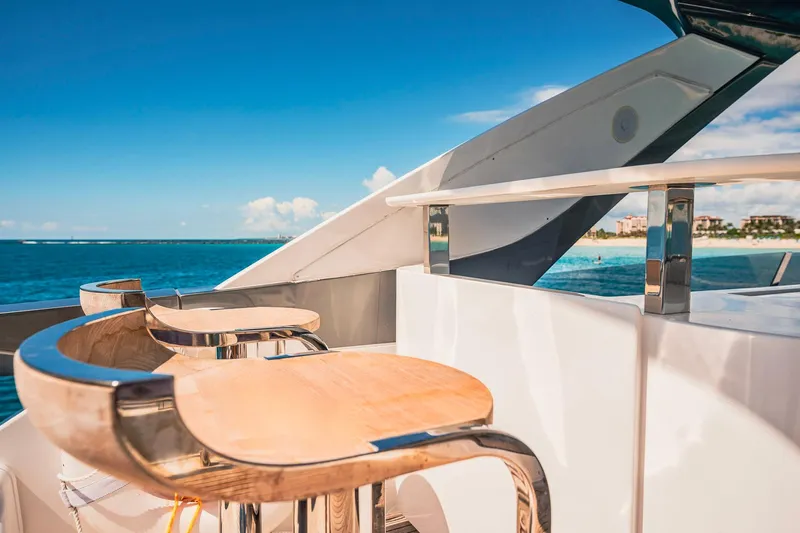 Transcendence Yacht Photos Pics Luxury Azimut 78 Flybridge yacht deck with ocean view, 2020 model.