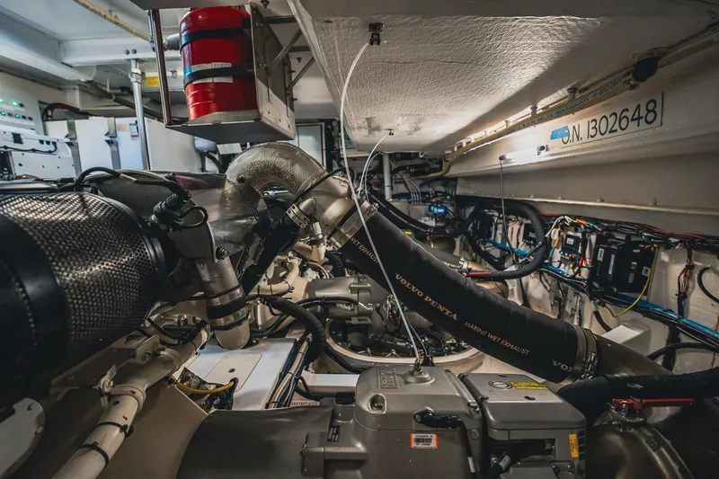 Transcendence Yacht Photos Pics Engine room of 2020 Azimut 78 Flybridge yacht with Volvo Penta components.