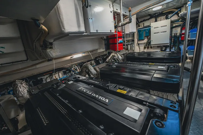 Transcendence Yacht Photos Pics Engine room of 2020 Azimut 78 Flybridge yacht with Volvo Penta engines.