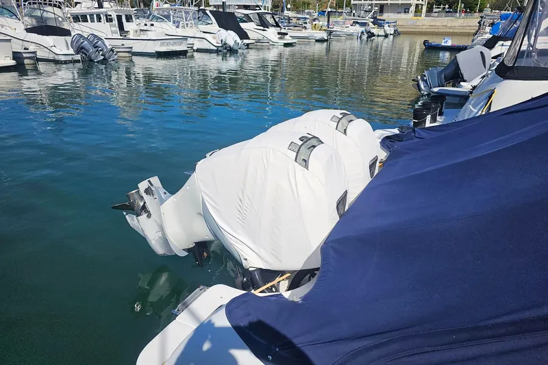 Day For It Yacht Photos Pics 2018 Boston Whaler 315 Conquest docked with covered engines in a marina.