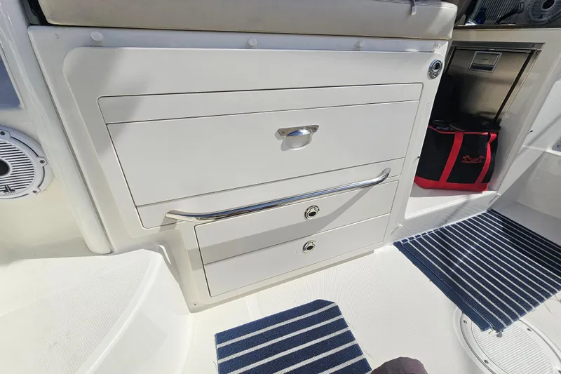 Day For It Yacht Photos Pics 2018 Boston Whaler 315 Conquest interior with storage drawers and striped mats.