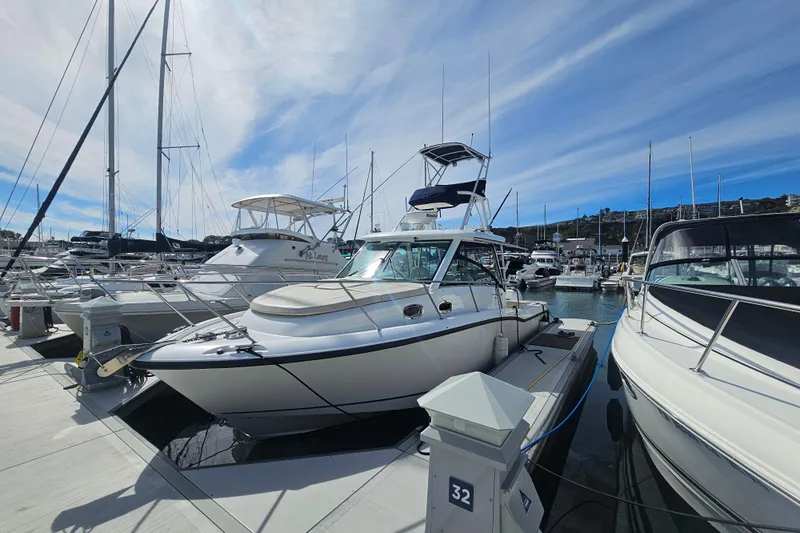 Day For It Yacht Photos Pics 2018 Boston Whaler 315 Conquest docked at marina under blue sky.