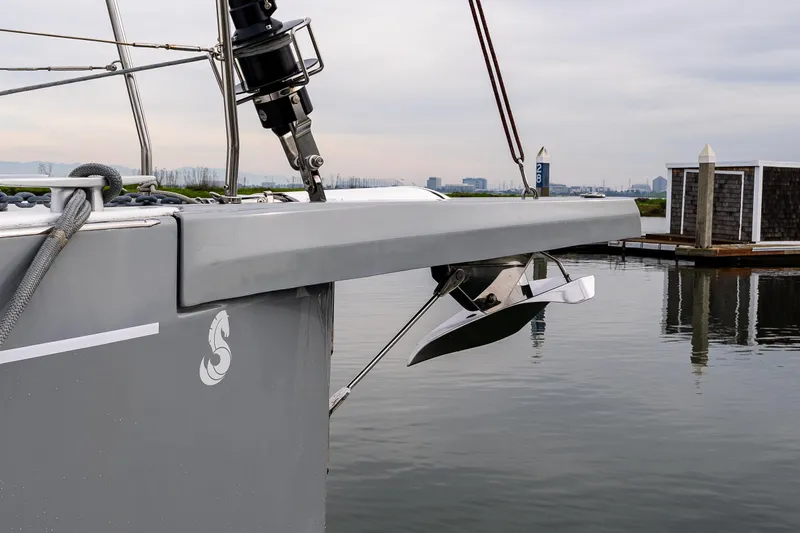 Cypress And Star II Yacht Photos Pics Bow of 2020 Beneteau Oceanis 46.1 yacht with anchor, docked in marina.