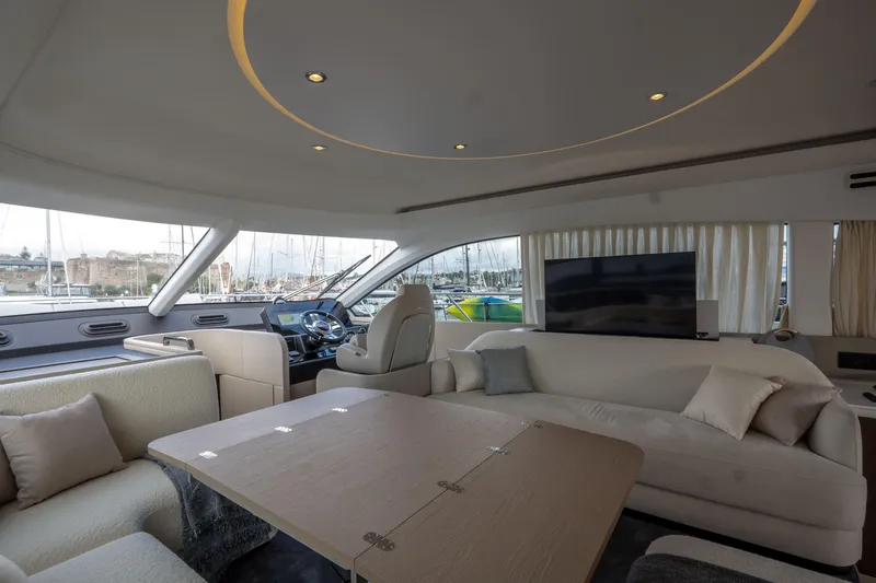  Yacht Photos Pics Luxurious interior of 2022 Azimut Fly 53 yacht with elegant seating and modern design.