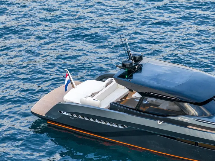  Yacht Photos Pics 2023 Bekkers Yachts Azur 45HT on blue water, showcasing sleek design and luxury features.