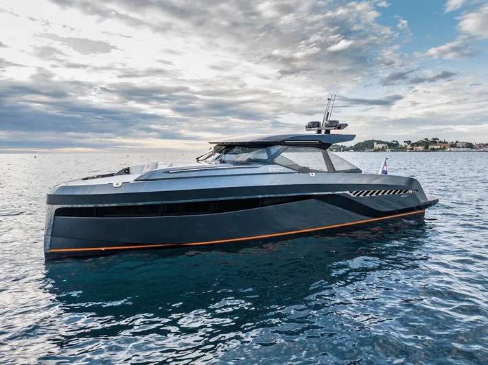  Yacht Photos Pics 2023 Bekkers Yachts Azur 45HT luxury yacht on calm sea under cloudy sky.