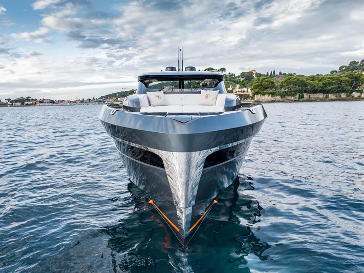  Yacht Photos Pics 2023 Bekkers Yachts Azur 45HT on serene water, showcasing sleek design and luxury.