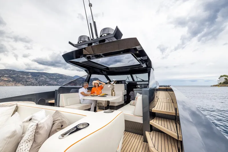  Yacht Photos Pics 2023 Bekkers Yachts Azur 45HT luxury yacht with elegant deck and scenic ocean view.