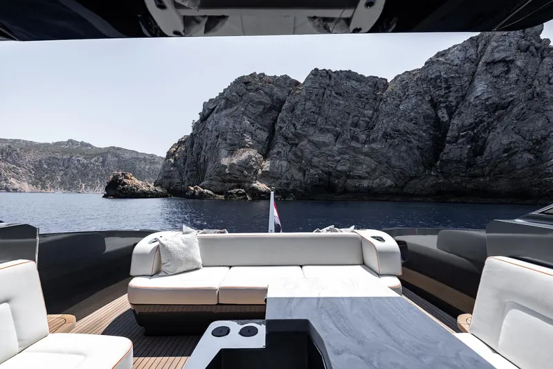  Yacht Photos Pics Luxurious 2023 Bekkers Yachts Azur 45HT interior with scenic rocky coastline view.
