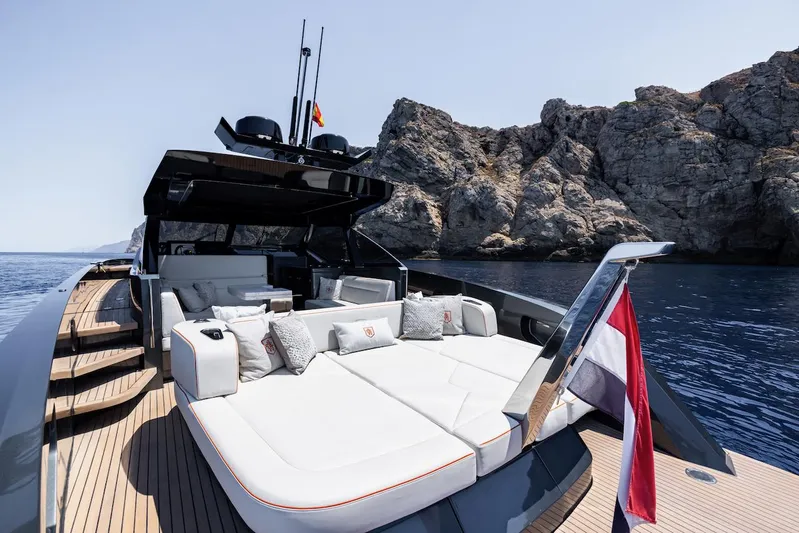  Yacht Photos Pics Luxurious 2023 Bekkers Yachts Azur 45HT with elegant deck, scenic rocky backdrop.