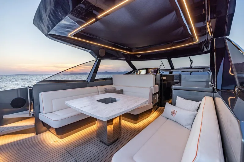  Yacht Photos Pics Luxurious 2023 Bekkers Yachts Azur 45HT interior with elegant seating and sunset view.