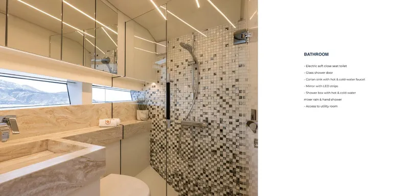  Yacht Photos Pics Luxurious bathroom in 2023 Bekkers Yachts Azur 45HT with modern fixtures and elegant design.