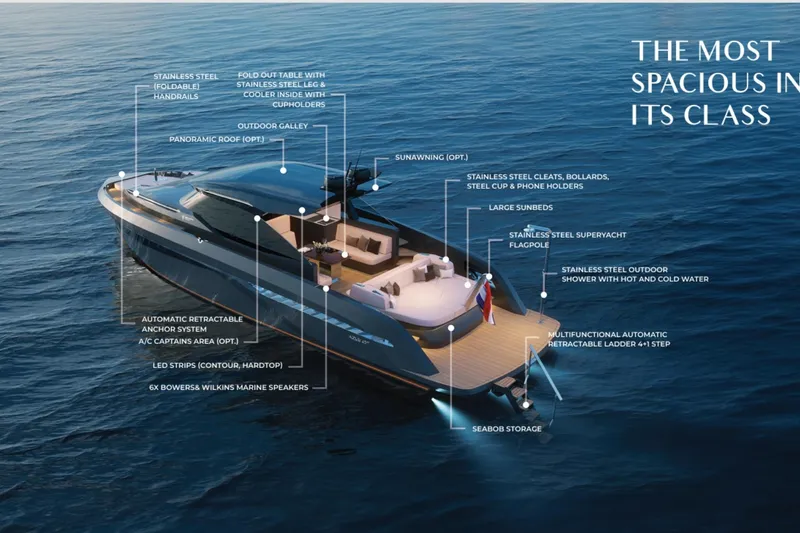  Yacht Photos Pics Bekkers Yachts Azur 45HT 2023, luxury yacht with spacious deck and modern amenities on open water.