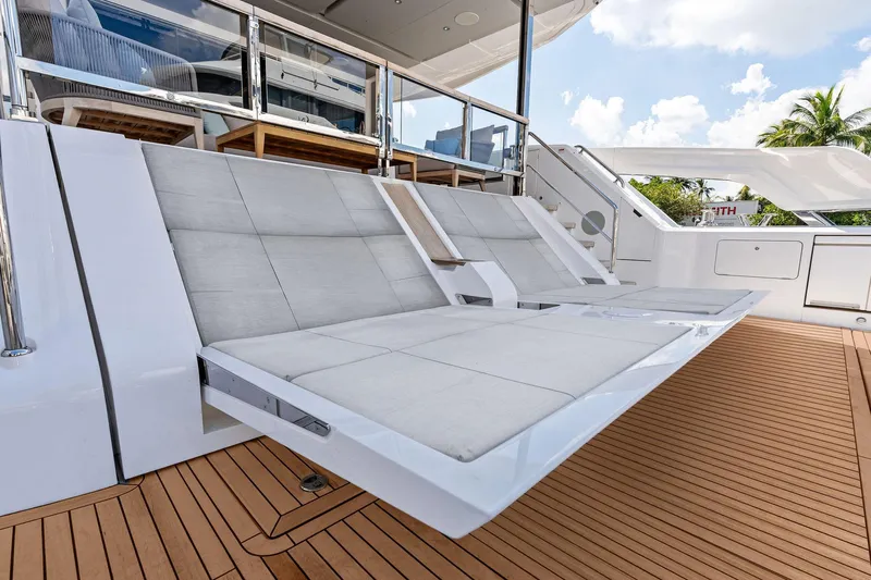Don Tortuga Yacht Photos Pics Luxury Sunseeker 90 Ocean 2024 yacht with sleek deck and modern seating.