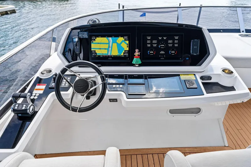 Don Tortuga Yacht Photos Pics 2024 Sunseeker 90 Ocean yacht helm with advanced navigation displays and controls.