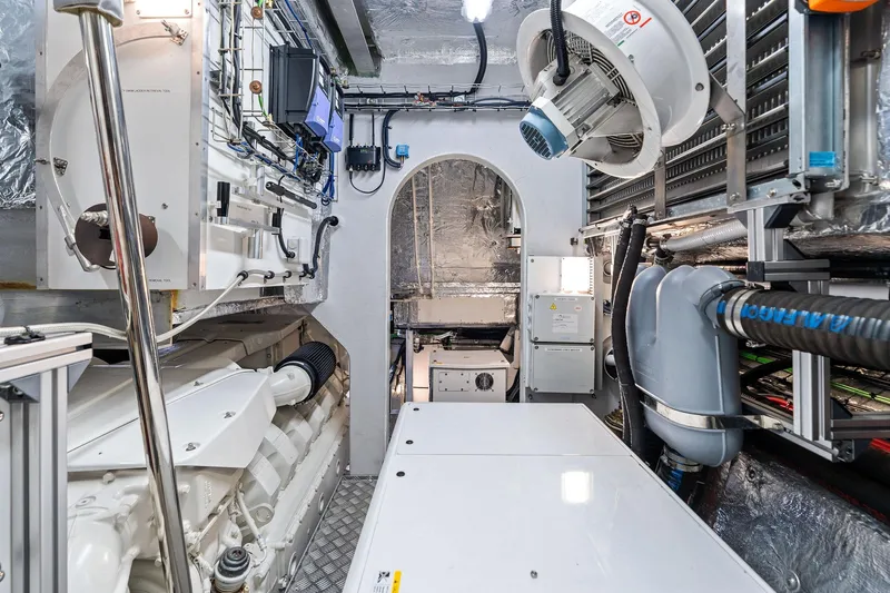 Don Tortuga Yacht Photos Pics Engine room of 2024 Sunseeker 90 Ocean yacht, showcasing advanced machinery and equipment.