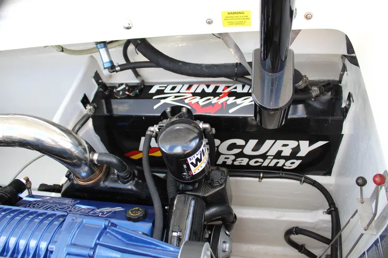 Lightning Yacht Photos Pics Engine compartment of 2007 Fountain 42 Lightning with Mercury Racing components.