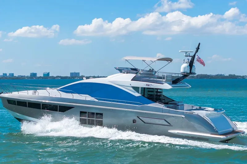 Azimut S7 Yacht Photos Pics 2019 Azimut S7 yacht cruising on blue ocean under clear sky.