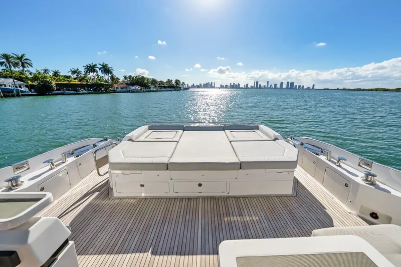Azimut S7 Yacht Photos Pics Luxurious 2019 Azimut S7 yacht deck with ocean view and city skyline.