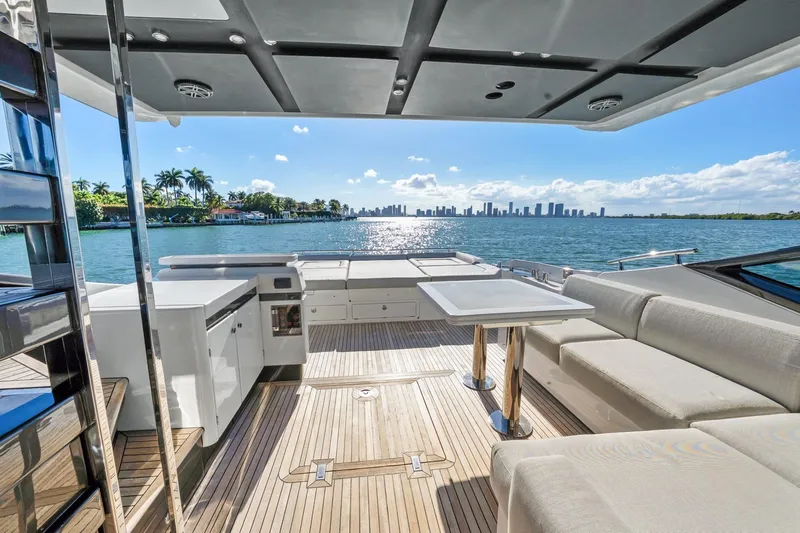 Azimut S7 Yacht Photos Pics Luxurious 2019 Azimut S7 yacht deck with ocean view and city skyline.