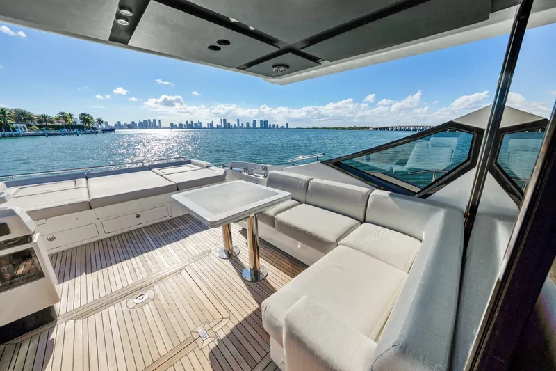 Azimut S7 Yacht Photos Pics Luxurious 2019 Azimut S7 yacht deck with ocean view and city skyline.