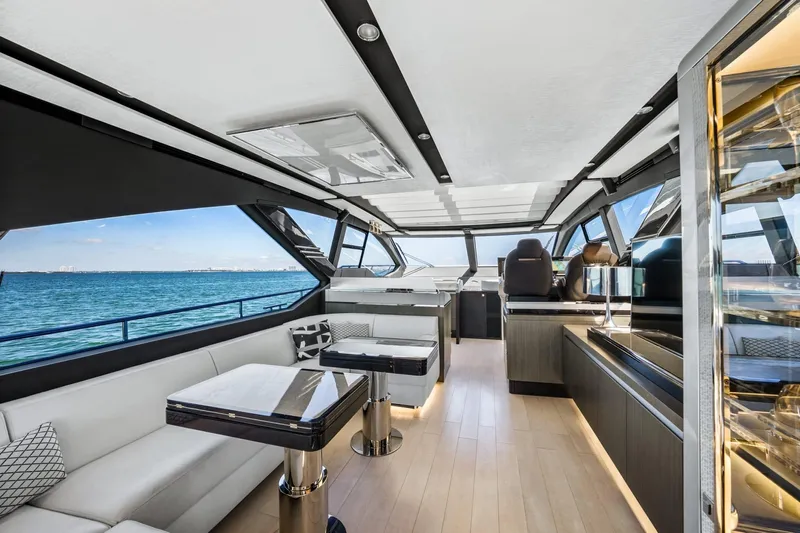 Azimut S7 Yacht Photos Pics Luxurious interior of 2019 Azimut S7 yacht with modern furnishings and panoramic ocean views.