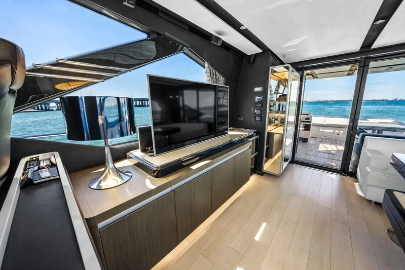 Azimut S7 Yacht Photos Pics Luxurious interior of 2019 Azimut S7 yacht with modern decor and ocean view.
