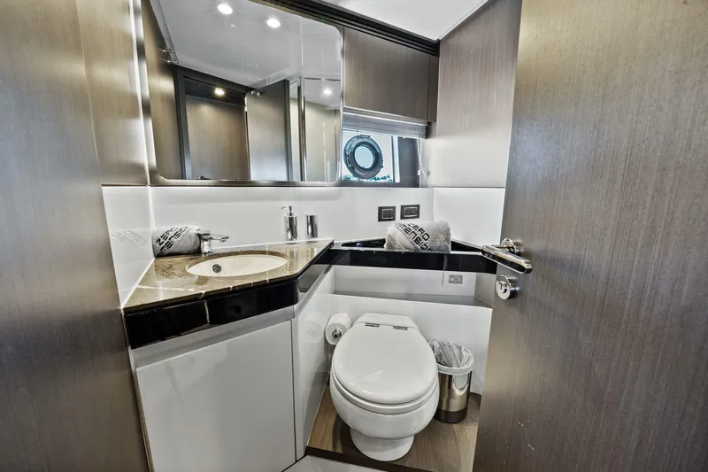 Azimut S7 Yacht Photos Pics Luxurious bathroom in 2019 Azimut S7 yacht with modern fixtures and elegant design.