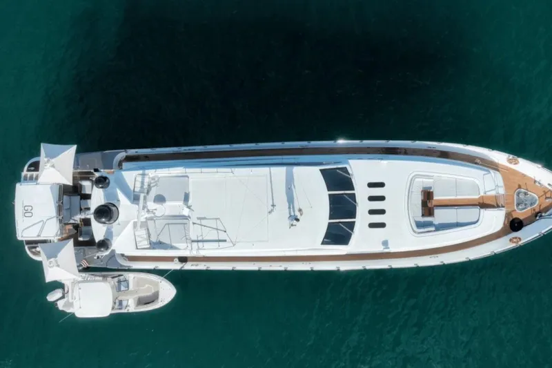  Yacht Photos Pics Aerial view of 2008 Leopard 112 yacht on clear blue water.