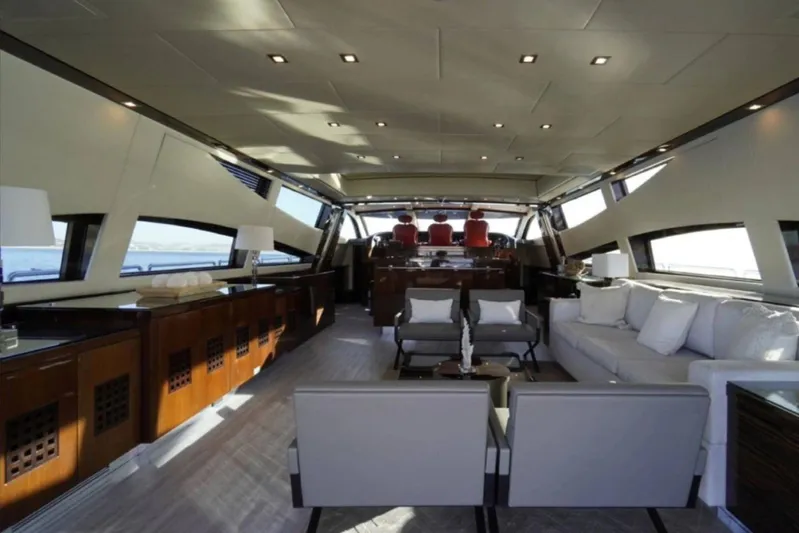  Yacht Photos Pics Luxurious interior of 2008 Leopard 112 yacht with modern furnishings and panoramic windows.