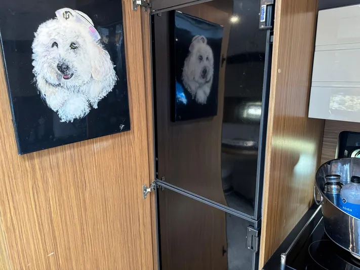 Onkor II Yacht Photos Pics Interior of 2015 Azimut Atlantis 43 yacht with dog portrait on wooden panel.